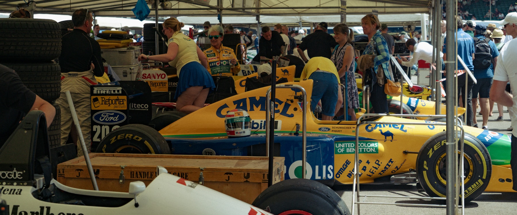 Vintage racing cars lined up in the Goodwood Revival paddock with tweed-clad spectators.